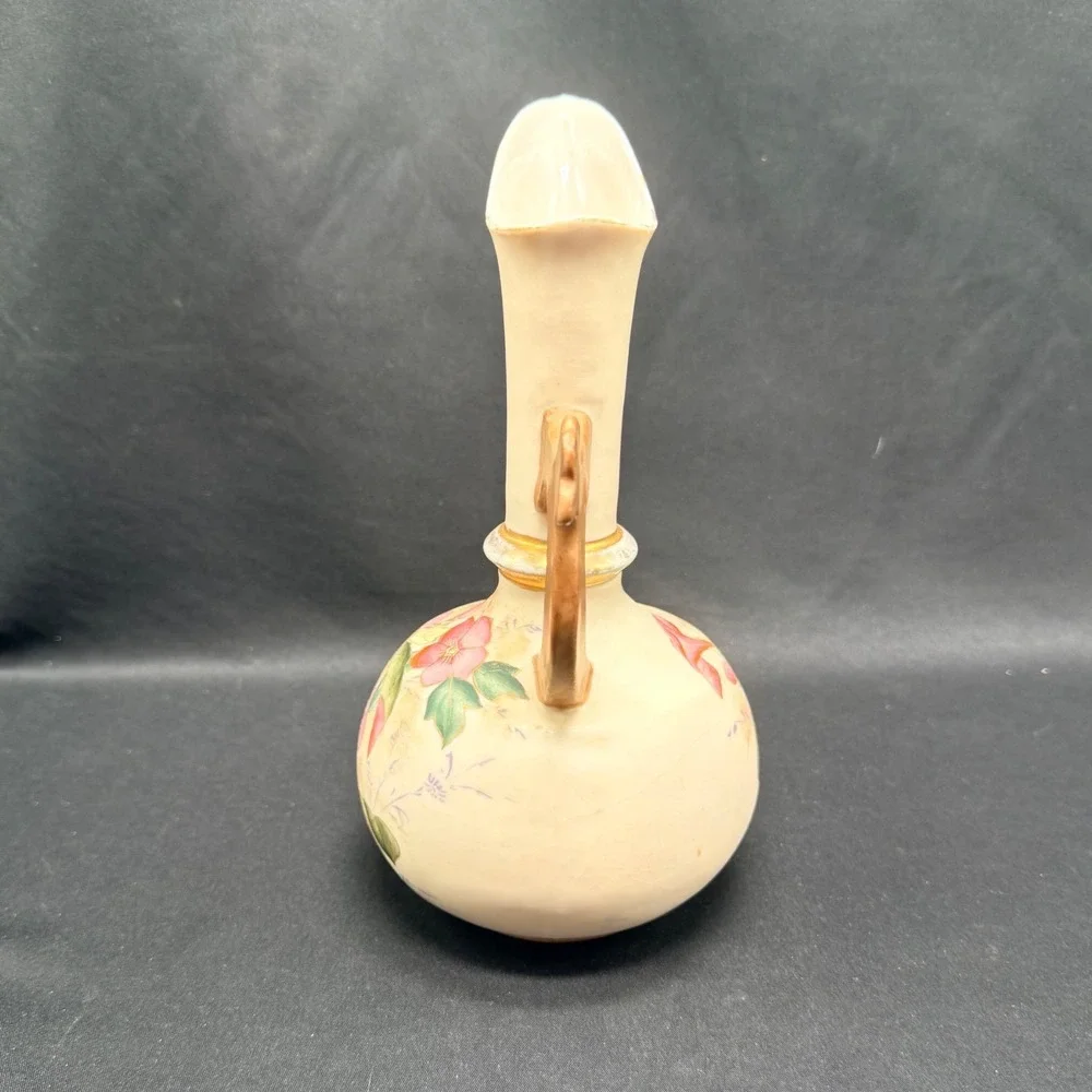 Antique Hand Painted Floral Ceramic Pitcher Vase Pink Flowers Gold Trim 8.5